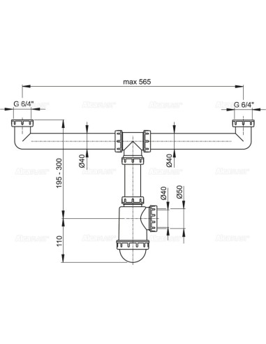 Alcaplast Półsyfon butelkowy zlewozmywaka podwojny z nakrętkami 6/4" A448 Ø50/40