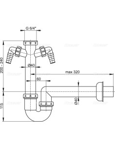 Alcaplast Pólsyfon zlewozmywaka rurowy z nakrętka 6/4" z dwoma przyłączami A82 Ø40 2