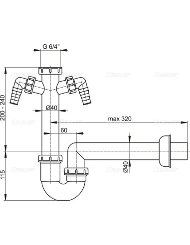 Alcaplast Pólsyfon zlewozmywaka rurowy z nakrętka 6/4" z dwoma przyłączami A82 Ø40
