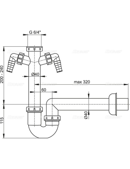 Alcaplast Pólsyfon zlewozmywaka rurowy z nakrętka 6/4" z dwoma przyłączami A82 Ø40
