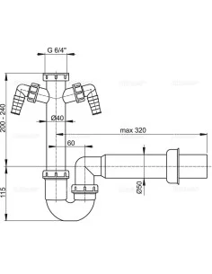 Alcaplast Pólsyfon zlewozmywaka rurowy z nakrętka 6/4" z dwoma przyłączami A82 Ø50 2