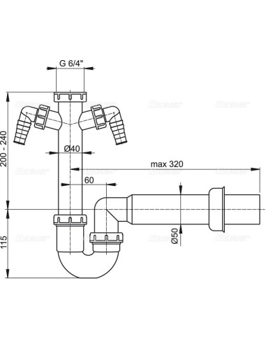 Alcaplast Pólsyfon zlewozmywaka rurowy z nakrętka 6/4" z dwoma przyłączami A82 Ø50