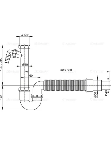 Alcaplast Półsyfon zlewozmywaka rurowy z nakrętka 6/4", z przyłączem i elastyczną rurą A83 Ø50/40