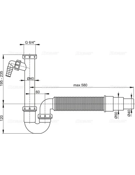 Alcaplast Półsyfon zlewozmywaka rurowy z nakrętka 6/4", z przyłączem i elastyczną rurą A83 Ø50/40