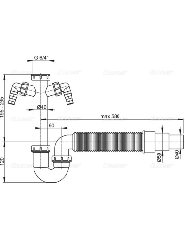 Alcaplast Półsyfon zlewozmywaka rurowy z nakrętka 6/4", z dwoma przyłączami i elastyczną rurą A84 Ø50/40