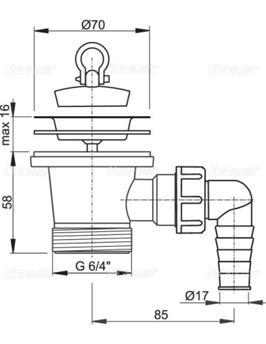Alcaplast Spust zlewozmywaka 6/4" z przyłączem z nierdzewnym sitkiem Ø70 A33P