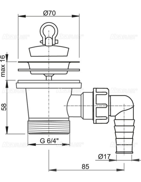 Alcaplast Spust zlewozmywaka 6/4" z przyłączem z nierdzewnym sitkiem Ø70 A33P